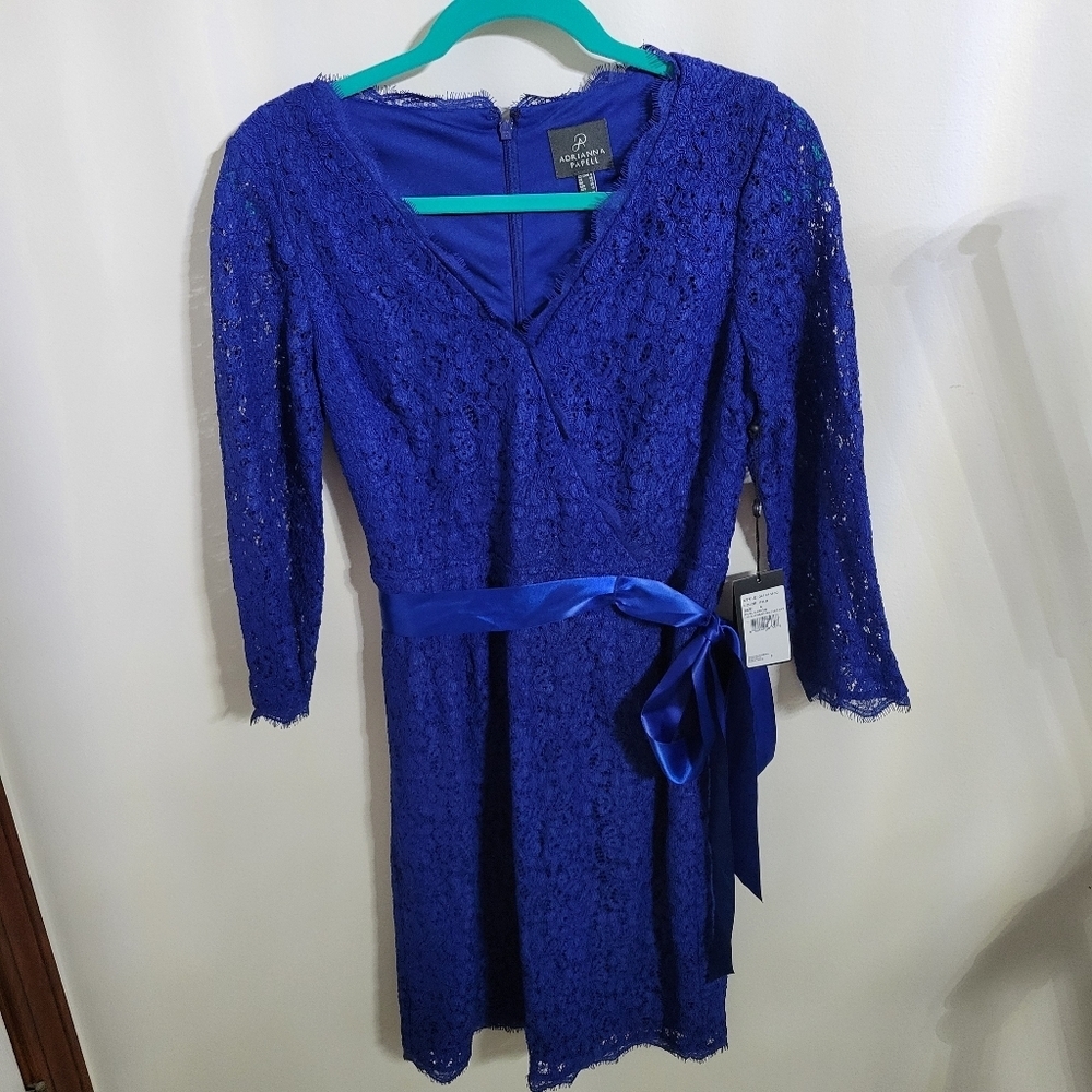 NWT Adrianna Papell Quarter Length Sleeves Blue Lace Short Dress w Bow, Size 6
